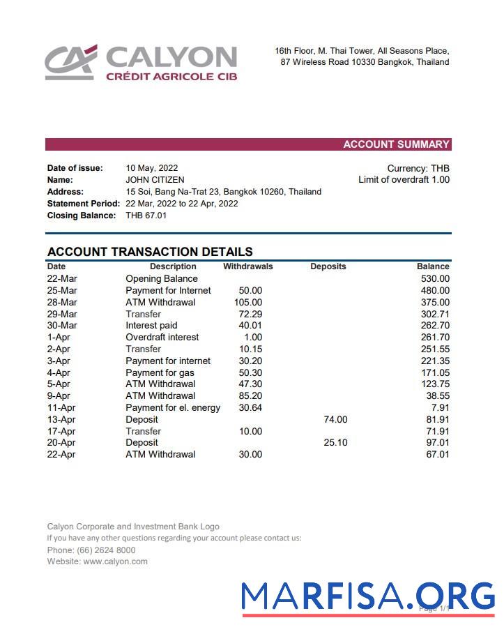 Printable Thailand Calyon bank statement excel example